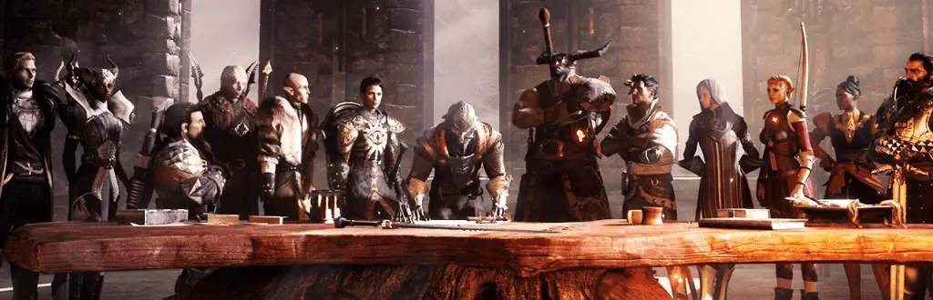 Dragon Age Inquisition - The Inquisitor character is in the center, surrounded by his 12 companions