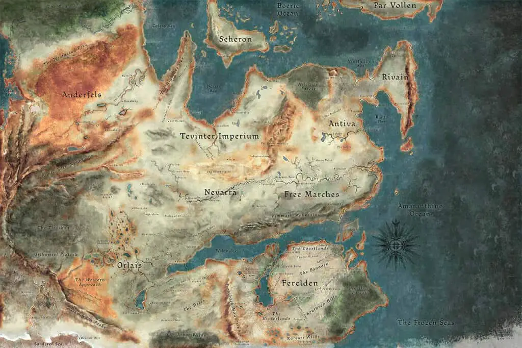 Dragon Age Inquisition - map of Thedas including Ferelden and Orlais
