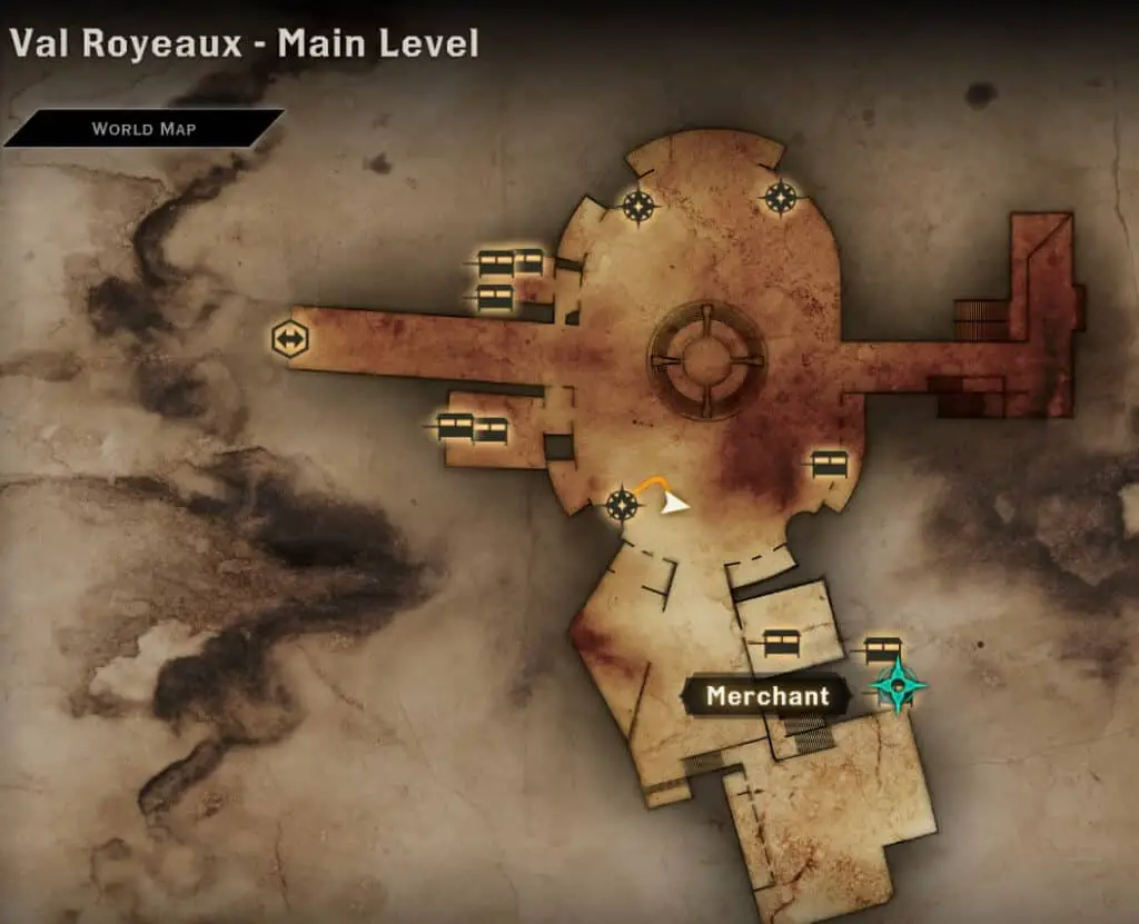 Map location of the Val Royeaux merchant that sells resistance potion schematics